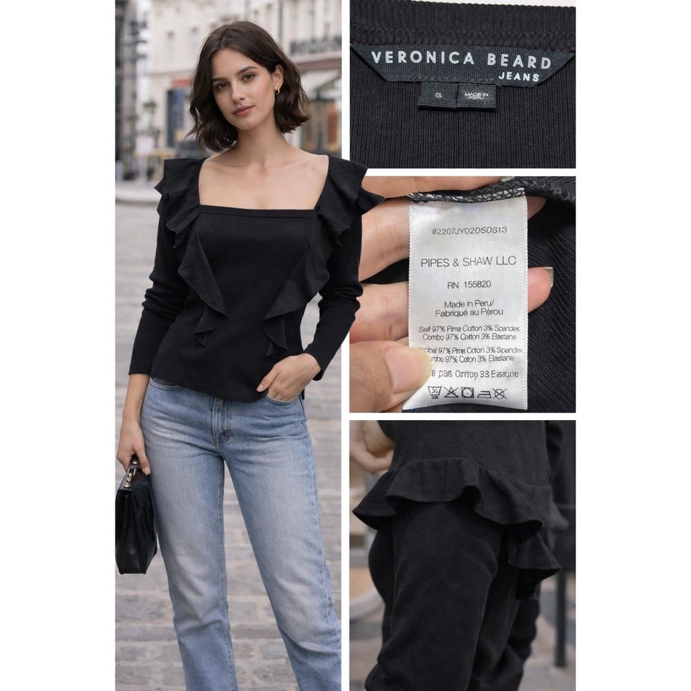 Veronica Beard Jeans Black Ruffle Top Sz S Pima Cotton Square‎ Neck Stretch Chic